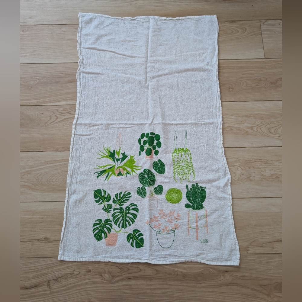 Green and White Botanical Print Tea Towel By Claudia Pearson